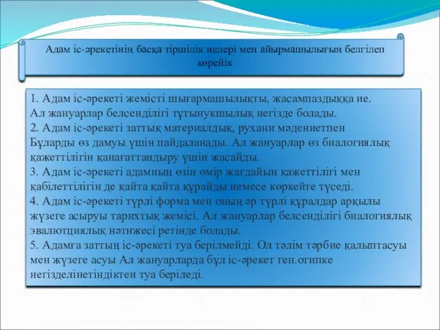 Адам іс-әрекетінің басқа тіршілік иелері мен айырмашылығын белгілеп көрейік 1.