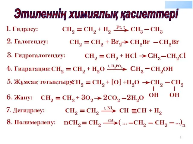 СН ОН 4. Гидратация: Pt, t Этиленнің химиялық қасиеттері 1. Гидрлеу: СН2 СН2