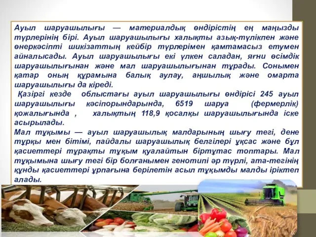 Ауыл шаруашылығы — материалдық өндірістің ең маңызды түрлерінің бірі. Ауыл