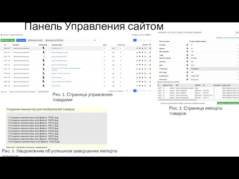 Панель Управления сайтом Рис. 1. Страница управления товарами Рис. 2.