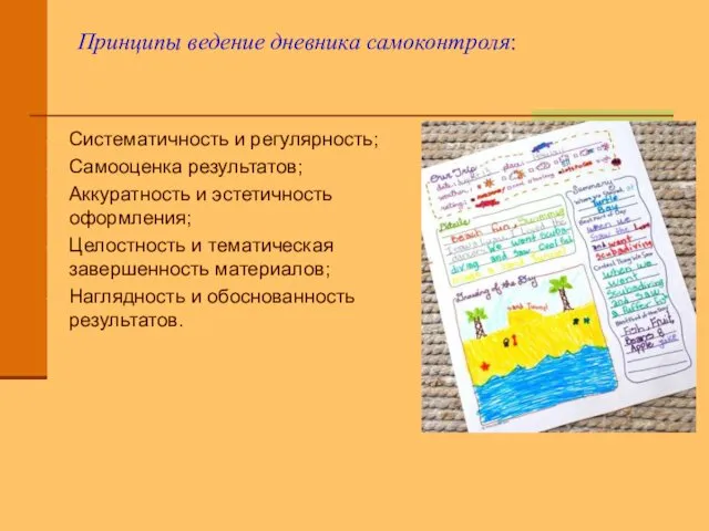 Принципы ведение дневника самоконтроля: Систематичность и регулярность; Самооценка результатов; Аккуратность