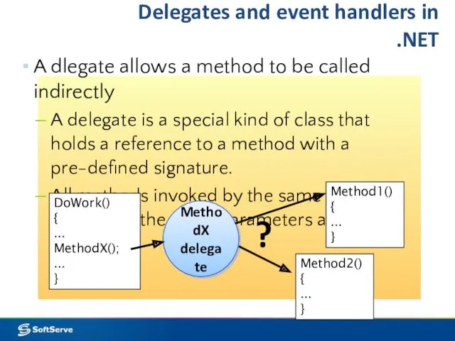 Delegates and event handlers in .NET A dlegate allows a
