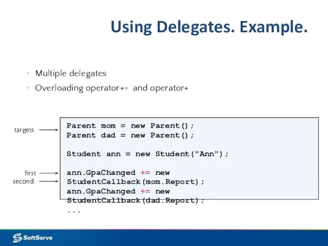 Multiple delegates Overloading operator+= and operator+ Parent mom = new