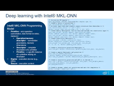 Deep learning with Intel® MKL-DNN Intel® MKL-DNN Programming Model Primitive