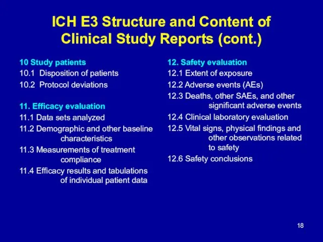 ICH E3 Structure and Content of Clinical Study Reports (cont.) 10 Study patients