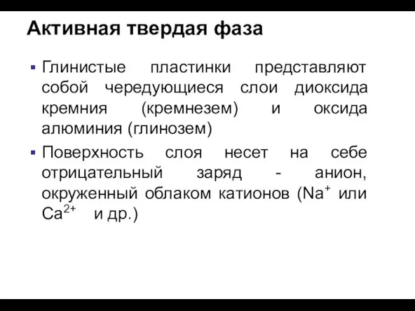 Активная твердая фаза Глинистые пластинки представляют собой чередующиеся слои диоксида