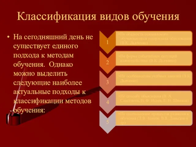 Классификация видов обучения На сегодняшний день не существует единого подхода