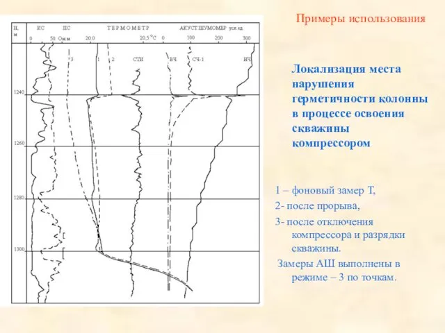 Примеры использования Локализация места нарушения герметичности колонны в процессе освоения