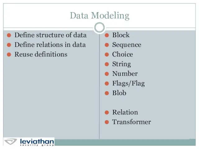 Data Modeling Define structure of data Define relations in data