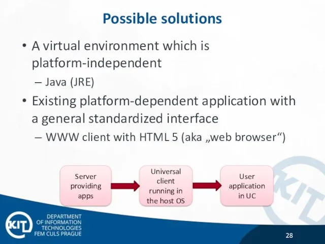 Possible solutions A virtual environment which is platform-independent Java (JRE)