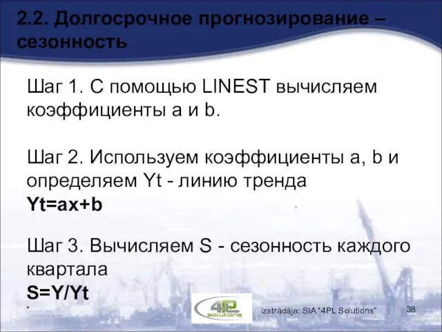 * 2.2. Долгосрочное прогнозирование – сезонность Шаг 1. C помощью LINEST вычисляем коэффициенты