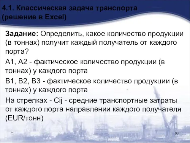 * 4.1. Классическая задача транспорта (решение в Excel) Задание: Определить, какое количество продукции