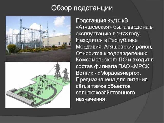 Обзор подстанции Подстанция 35/10 кВ «Атяшевская» была введена в эксплуатацию