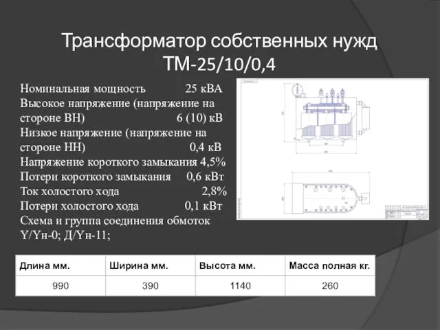 Трансформатор собственных нужд ТМ-25/10/0,4 Номинальная мощность 25 кВА Высокое напряжение