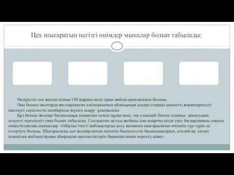 Цех шығаратын негізгі өнімдер мыналар болып табылады: Өндірістік цех жалпы