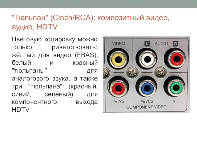 "Тюльпан" (Cinch/RCA): композитный видео, аудио, HDTV Цветовую кодировку можно только приветствовать: жёлтый для