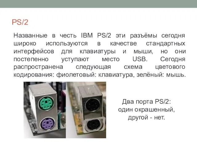 PS/2 Два порта PS/2: один окрашенный, другой - нет. Названные в честь IBM