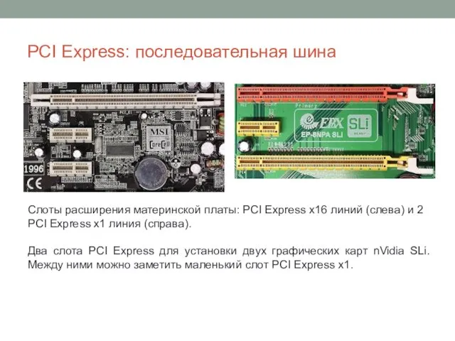 PCI Express: последовательная шина Слоты расширения материнской платы: PCI Express x16 линий (слева)