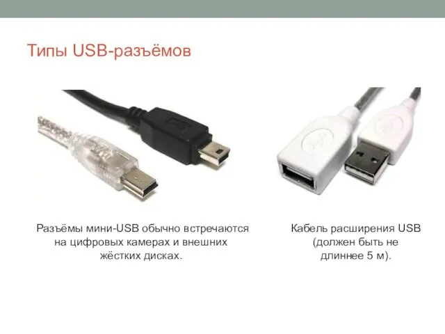 Типы USB-разъёмов Кабель расширения USB (должен быть не длиннее 5 м). Разъёмы мини-USB