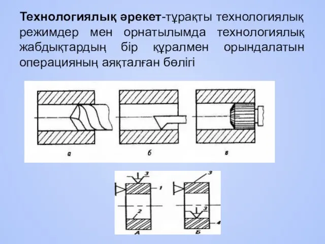 Технологиялық әрекет-тұрақты технологиялық режимдер мен орнатылымда технологиялық жабдықтардың бір құралмен орындалатын операцияның аяқталған бөлігі