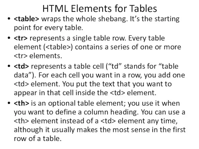 HTML Elements for Tables wraps the whole shebang. It’s the