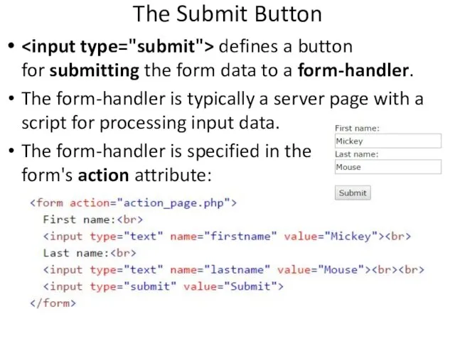 The Submit Button defines a button for submitting the form