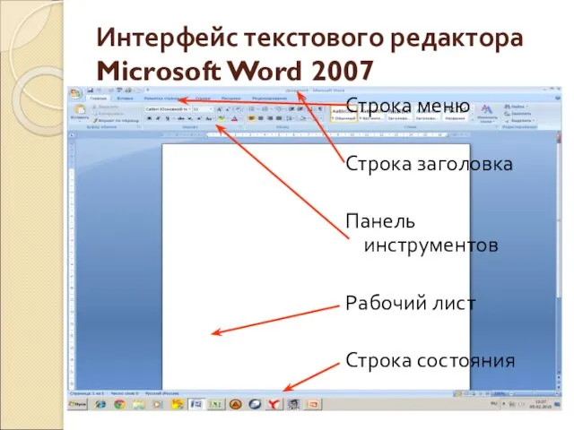 Интерфейс текстового редактора Microsoft Word 2007 Строка меню Строка заголовка Панель инструментов Рабочий лист Строка состояния