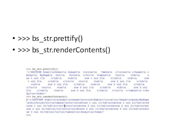 >>> bs_str.prettify() >>> bs_str.renderContents()