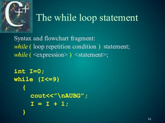 The while loop statement Syntax and flowchart fragment: while (