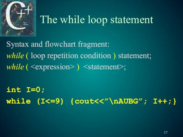 The while loop statement Syntax and flowchart fragment: while (