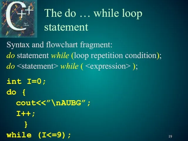 The do … while loop statement Syntax and flowchart fragment: