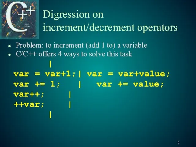 Digression on increment/decrement operators Problem: to increment (add 1 to)