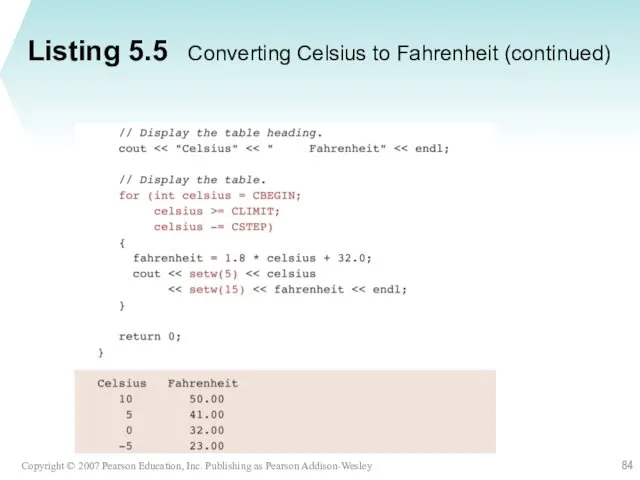 Listing 5.5 Converting Celsius to Fahrenheit (continued)