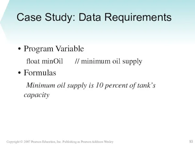 Case Study: Data Requirements Program Variable float minOil // minimum