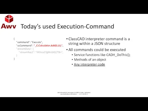 Today’s used Execution-Command { "command": "Execute", "ccCommand": "_C.Calculator.Add(5,5);", "streamData": {
