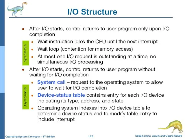I/O Structure After I/O starts, control returns to user program
