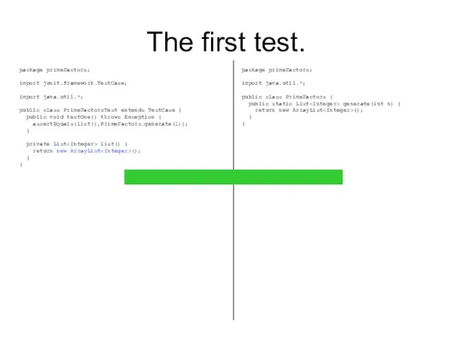 The first test. package primeFactors; import junit.framework.TestCase; import java.util.*; public class PrimeFactorsTest extends