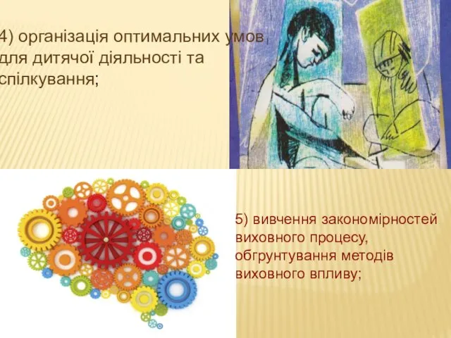 4) організація оптимальних умов для дитячої діяльності та спілкування; 5)