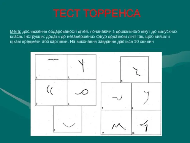 ТЕСТ ТОРРЕНСА Мета: дослідження обдарованості дітей, починаючи з дошкільного віку