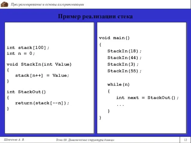 Программирование и основы алгоритмизации Тема 09. Динамические структуры данных 12
