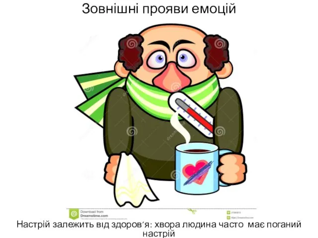 Зовнішні прояви емоцій Настрій залежить від здоров’я: хвора людина часто має поганий настрій