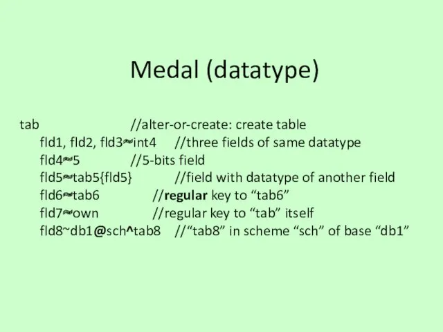 Medal (datatype) tab //alter-or-create: create table fld1, fld2, fld3~int4 //three