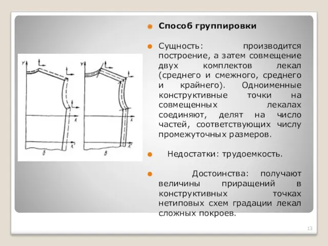 Способ группировки Сущность: производится построение, а затем совмещение двух комплектов лекал (среднего и