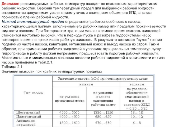 Диапазон рекомендуемых рабочих температур находят по вязкостным характеристикам рабочих жидкостей. Верхний температурный предел