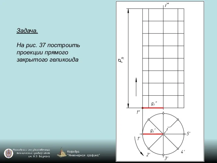 Задача. На рис. 37 построить проекции прямого закрытого геликоида