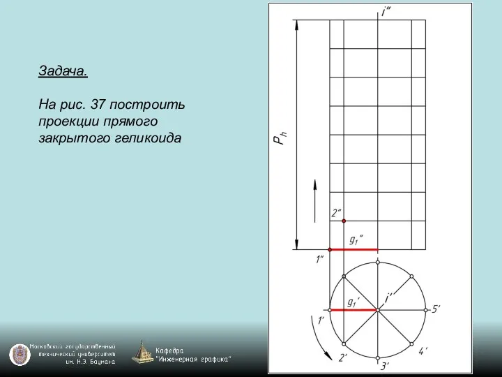 Задача. На рис. 37 построить проекции прямого закрытого геликоида