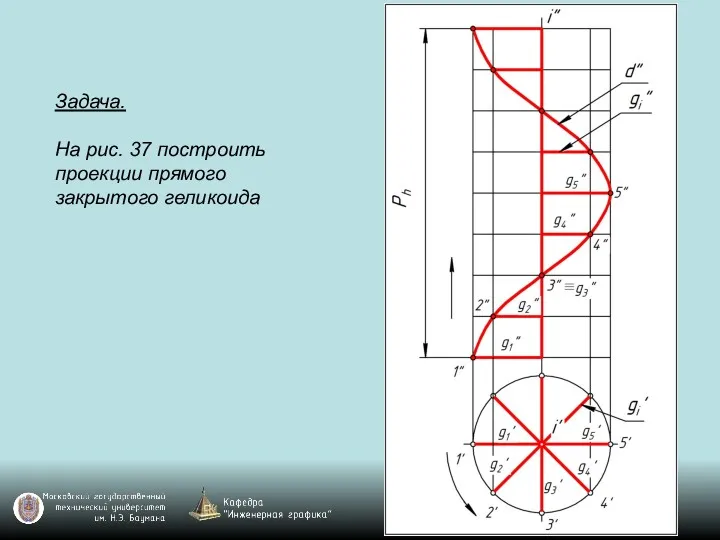 Задача. На рис. 37 построить проекции прямого закрытого геликоида