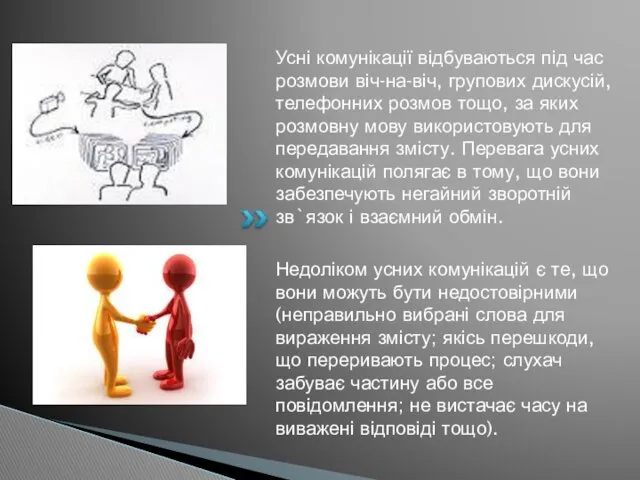 Усні комунікації відбуваються під час розмови віч-на-віч, групових дискусій, телефонних