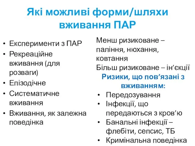 Які можливі форми/шляхи вживання ПАР Експерименти з ПАР Рекреаційне вживання