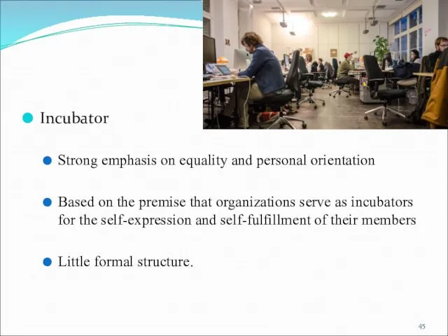 Incubator Strong emphasis on equality and personal orientation Based on